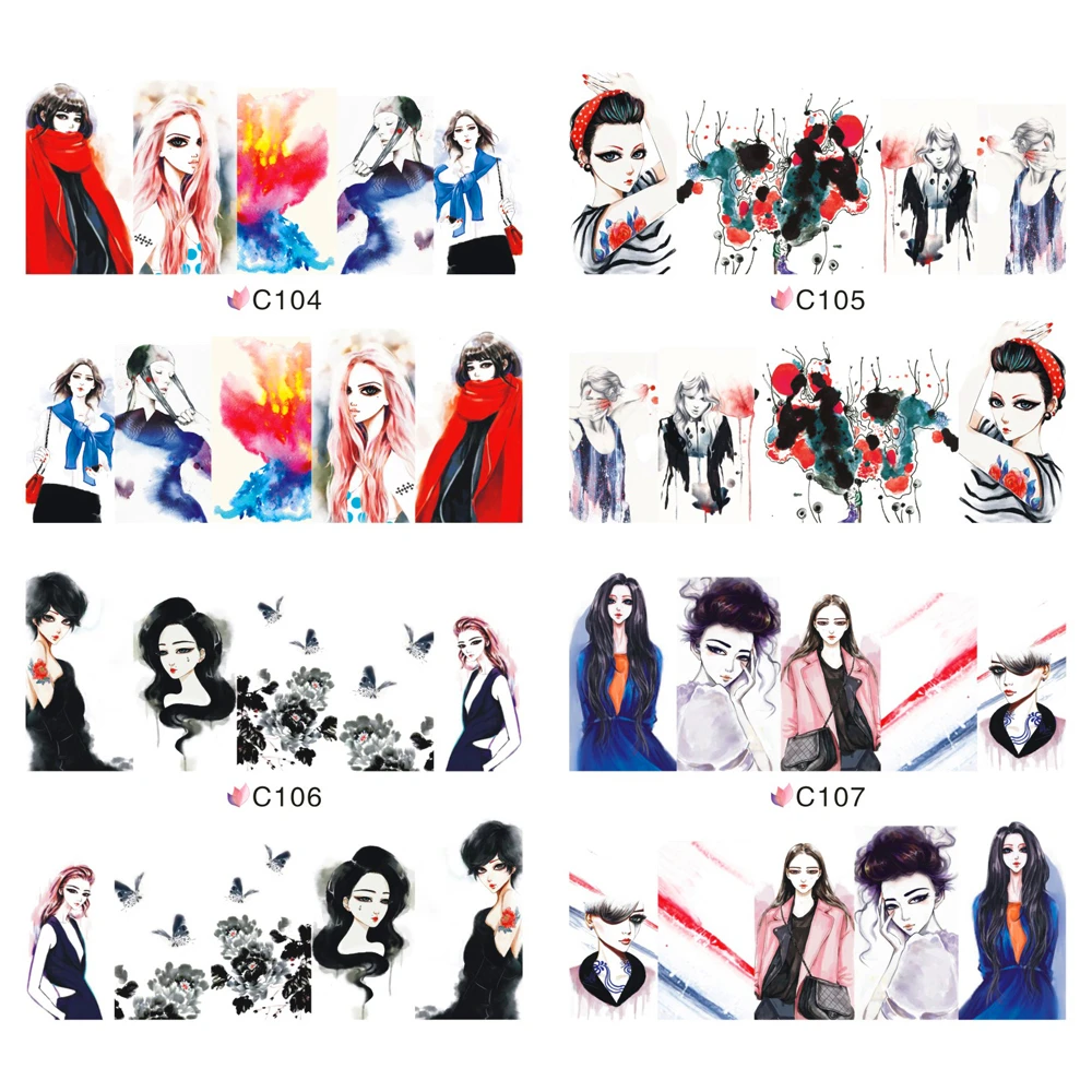 

4 PACKS / LOT FULL COVER ABSTRACT FASHION URBAN LADY NAIL TATTOOS STICKER WATER DECAL NAIL ART C104-107