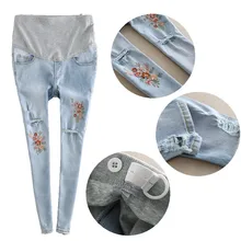 Для беременных джинсы вышивать узкие брюки прямой крой брючин плотно отверстие для беременных Брюки для беременных живота женщина капри джинсы