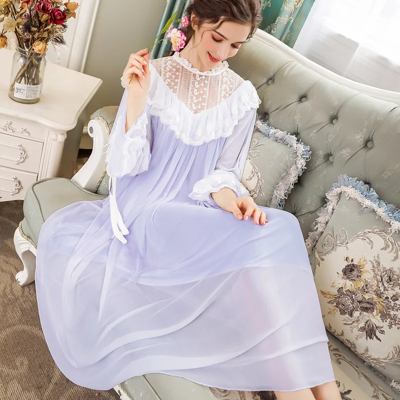 

Sleepwear Palace Vintage Princess Homewear Women Lace Sweet Long Sleeves Nightgown French Plus Size Female Soft Nightwear H5547