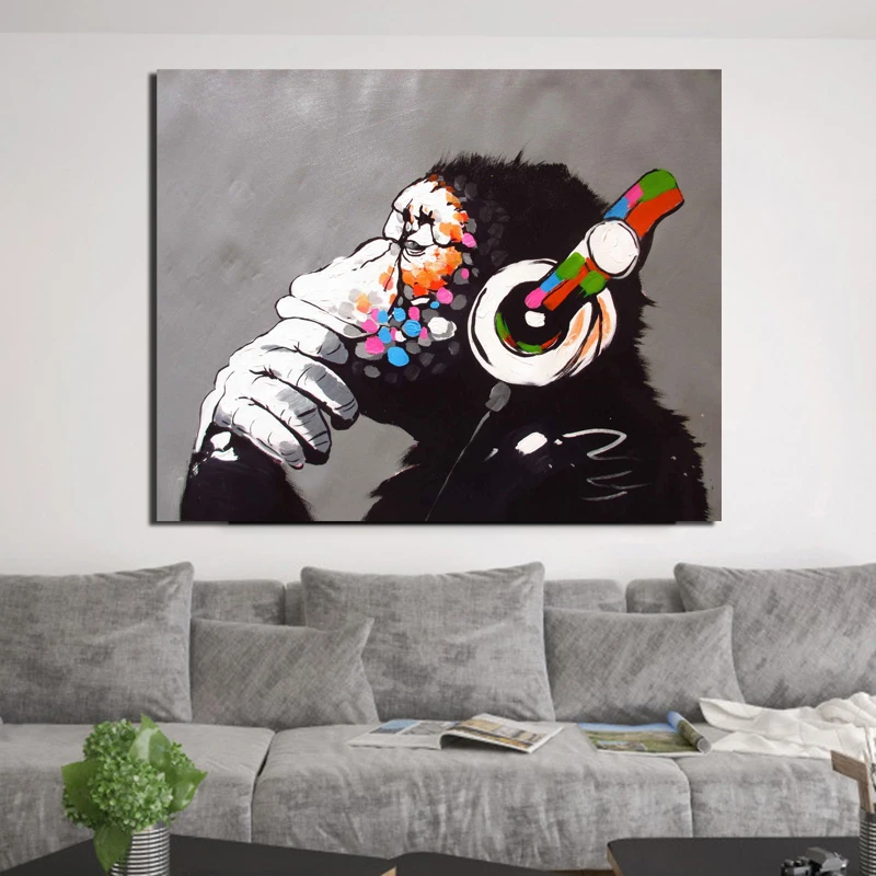 Бэнкси Обезьяна с наушниками напечатанная Картина на холсте Гостиная украшения дома Современные настенные Арт постеры с масляной живописью фотографии