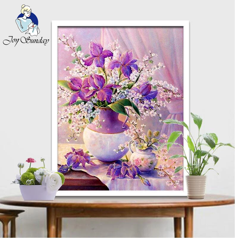 

JOY SUNDAY,Needlework,DIY DMC Cross stitch,Sets For Embroidery kit Purple vase home decoration Counted Cross-Stitching