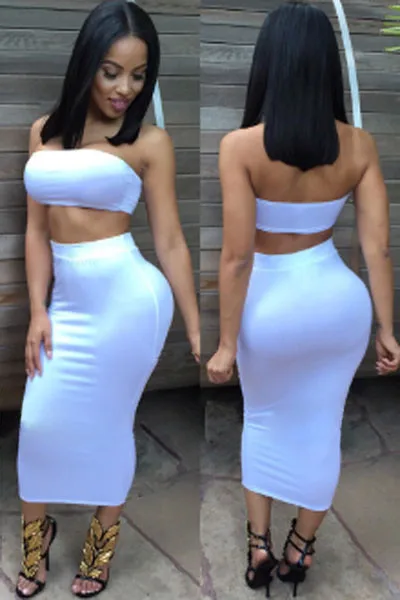 Red Crop Tube Top Bodycon Skirt Set 