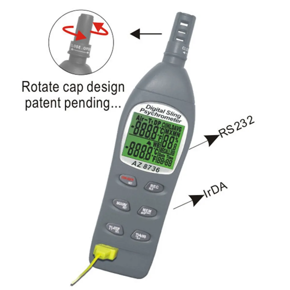 

AZ8736 Temperature and Humidity Tester Digital Electrical Tripod Mountable And Design Patented Sensor Cap