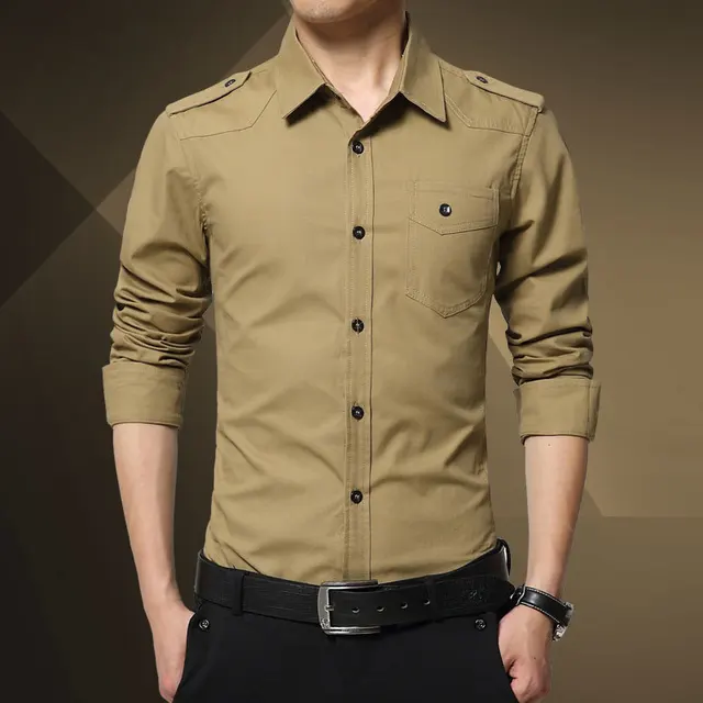2018 Men's epaulette Shirt Fashion Full Sleeve epaulet Shirt Military