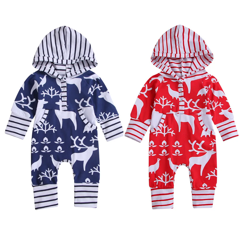 Рождественский комбинезон в полоску с капюшоном и рисунком оленя для новорожденных девочек и мальчиков, комбинезон с принтом, комбинезон