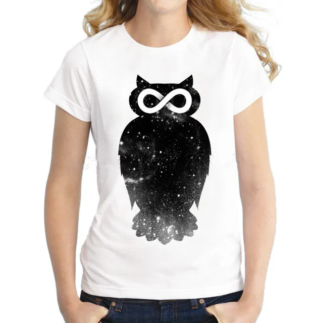 

Creative Funny Owl/Panda Women's Animal Printed T shirt Fashion Short Sleeve Black Galaxy Owl Lady Casual Tops Novelty Tee