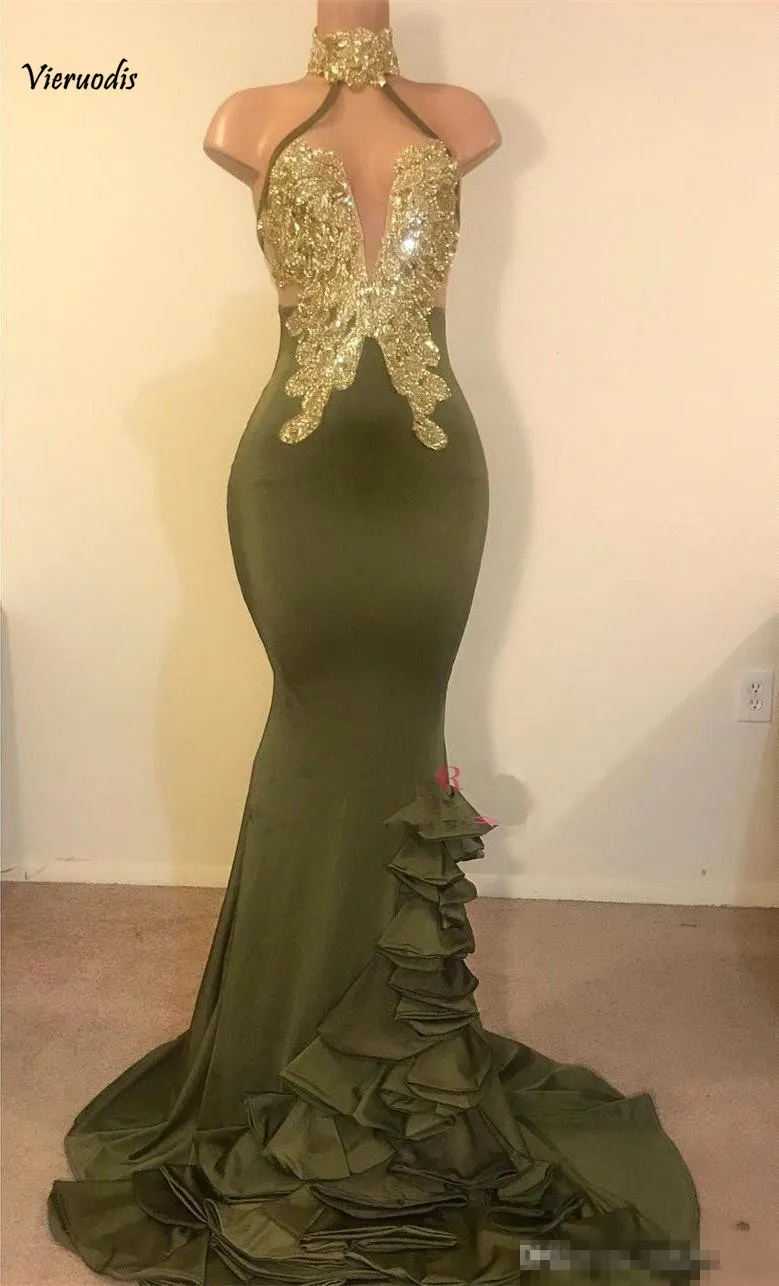 2-1 Real Photos Halter Satin Long Mermaid Prom Dresses Applique Beaded Layered Ruffles Sweep Train Evening Gowns