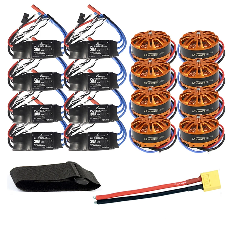 

DIY 8-axis Airplane Copter Motor Combo 8pcs 3508 700kv Motor + 8pcs HOBBYWING Platinum 30A ESC + XT60 Connector+Fastening Tape