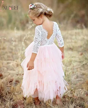 New Arrival Puffy Lace Pink Flower Girl Dresses 2020 Soft Tiered Tulle Ball Gown Pageant Dresses For Girls Communion Dresses lovely lace flower girl dresses hi low jewel neck pink long sleeve pageant dresses fluffy tiered satin girls pageant dress