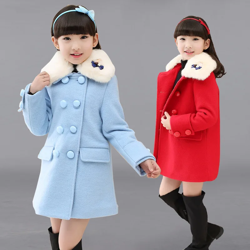 Теплое зимнее пальто для девочек красное шерстяное пальто с меховым воротником длинная верхняя одежда, детское зимнее пальто г., одежда для девочек 6, 8, 10, 12, 14 лет, AKC166002