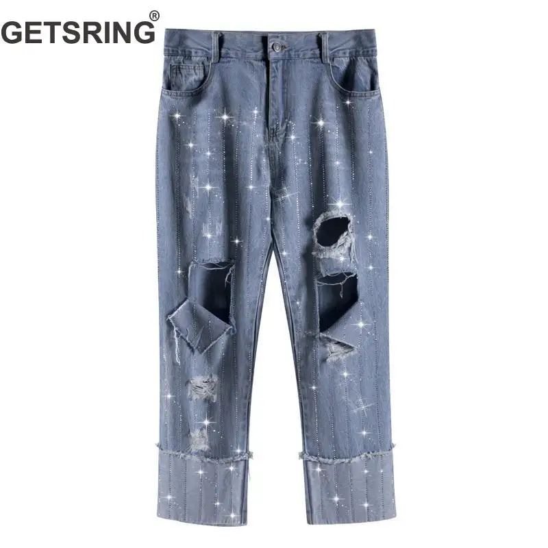 

GETSRING Women Jeans High Waisted Ripped Jeans Loose Straight Denim Pants Drilled Hole High Waist Jeans Long Denim Trousers 2019