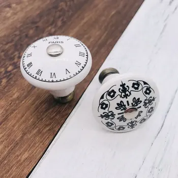 

6pcs Euro-Style Cabinet Handles and Knobs Creative Clock Design Furniture Knob White Ceramic Drawer Cupboard Door Handle Pulls