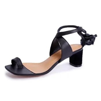 THEMOST Woman Med heels sandals Corss-tied Shoes Women Size 34-40 Summer Fashion Thick heels Narrow band Quality Lace up Rubber