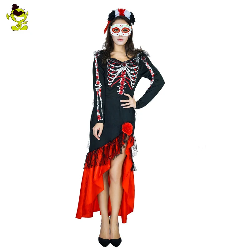 

Women's Skeleton Day Of The Dead Bride Costume Sexy Skull Bone Costume Ghost Vampire Fancy Dress With Mask For Halloween Party