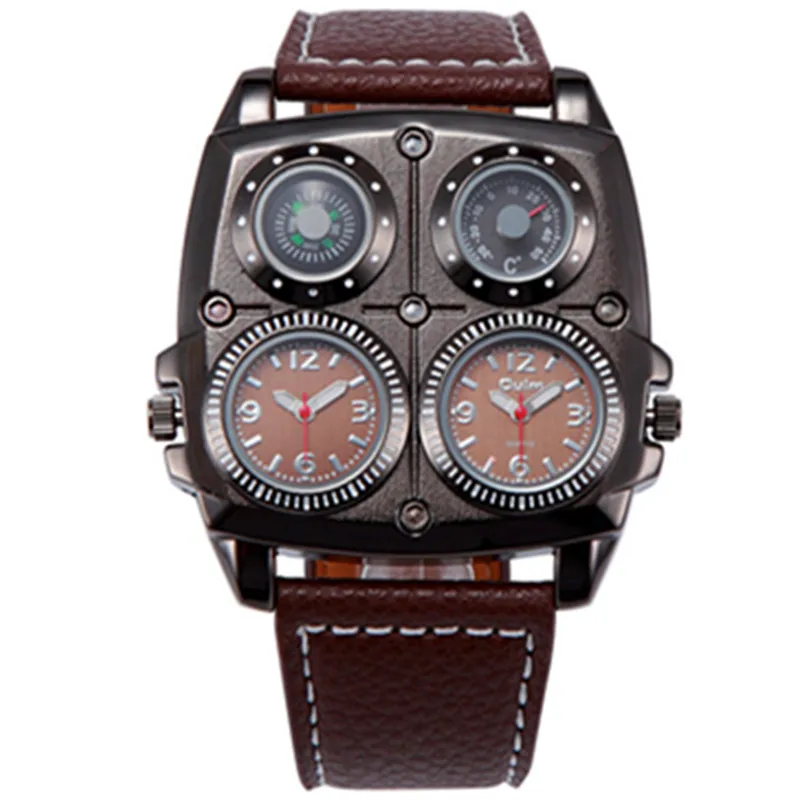  OULM 1140 Mens Dual Time Zone Military Watch with Compass Thermometer Big Rectangular Leather Casua