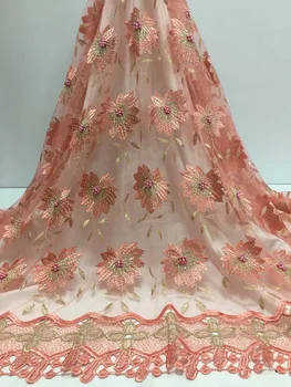 

Peach New Design African Lace Fabrics High Quality Rhinestones French Lace Fabric For Party Dress Nigerian Beaded Lace Fabric