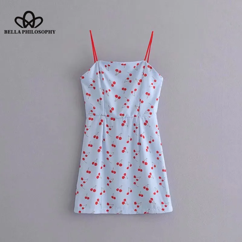 Wonder 2018 new elegant cherry print spaghetti strap mini dress retro strapless vestidos ladies back zipper casual sexy dress