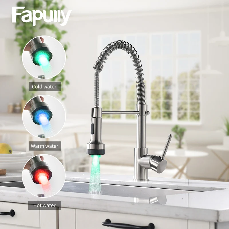 

Fapully Kitchen Faucet LED Light Deck Mounted Brushed Spring Pull Down Dual Spray Spout Hot and Cold Water Kitchen Mixer Tap