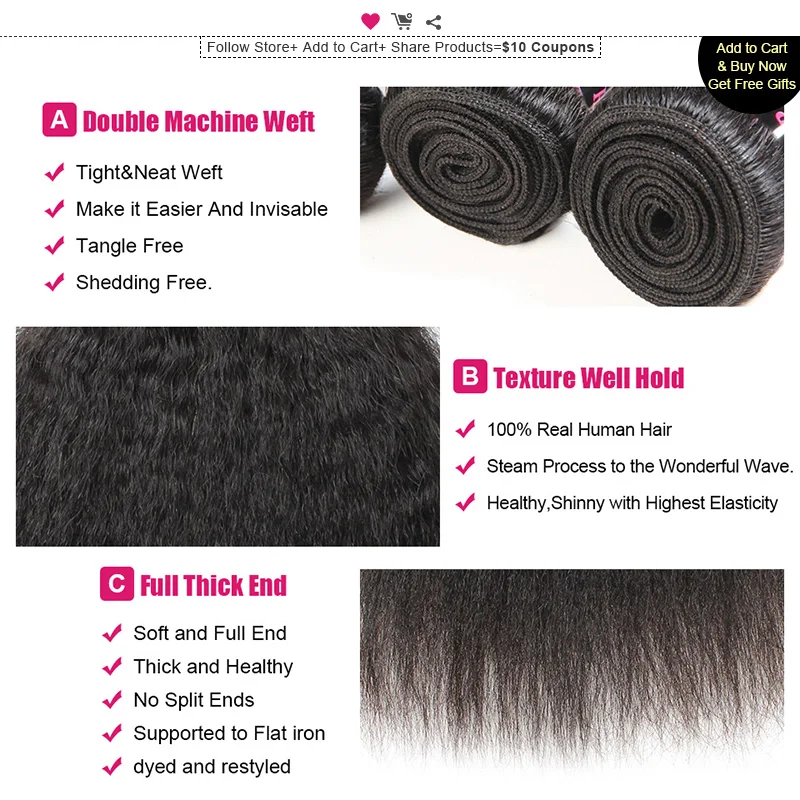 Ishow Kinky Straight Brazilian Hair Weave Bundle Coarse Yaki Human Hair Bundles Yaki Straight Hair Extensions Non Remy Hair