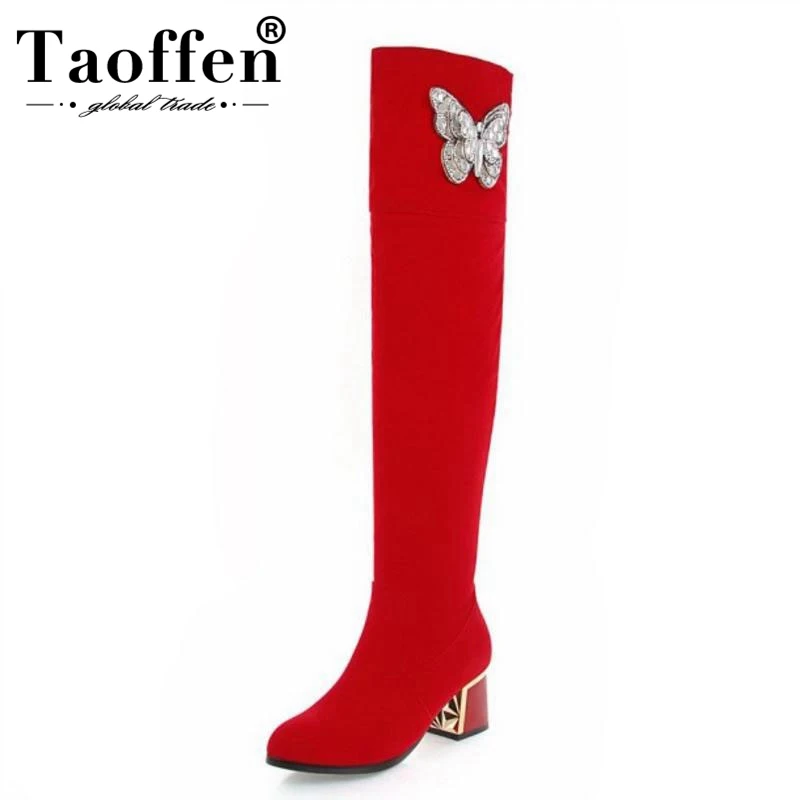 

TAOFFEN Women Winter High Heels Boots Warm Fur Shoes Woman Over The Knee Boots Zipper Bling Butterfly Footwear Size 34-43