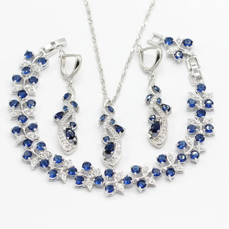 

Dark Blue Crystal 925 Silver Jewelry Sets For Women Earrings Pendant Necklace Bracelet Birthday Gift New Arrival