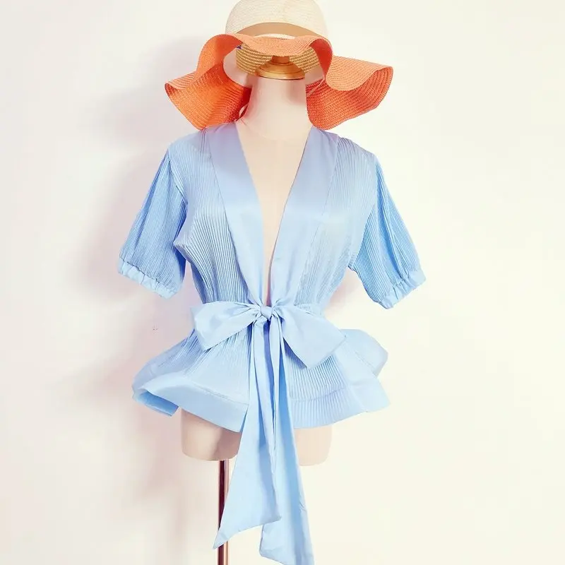 

Women Ruffle Chiffon Blouse 2019 Sexy Deep V Korean Fashion Travel Holiday Blue Summer Top Lace Up Pleated Vintage White Blouses