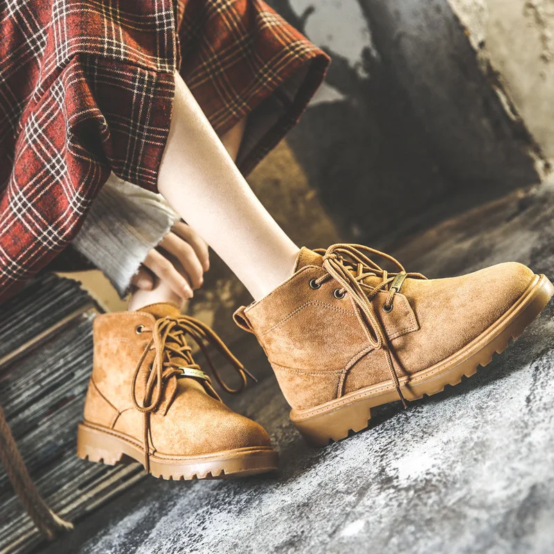 

2019 Retro Leather Boots Women Fashion Botas Ankle High Lace Up Classic Basic Style Flock Leather Booties Solid Color Brown 40