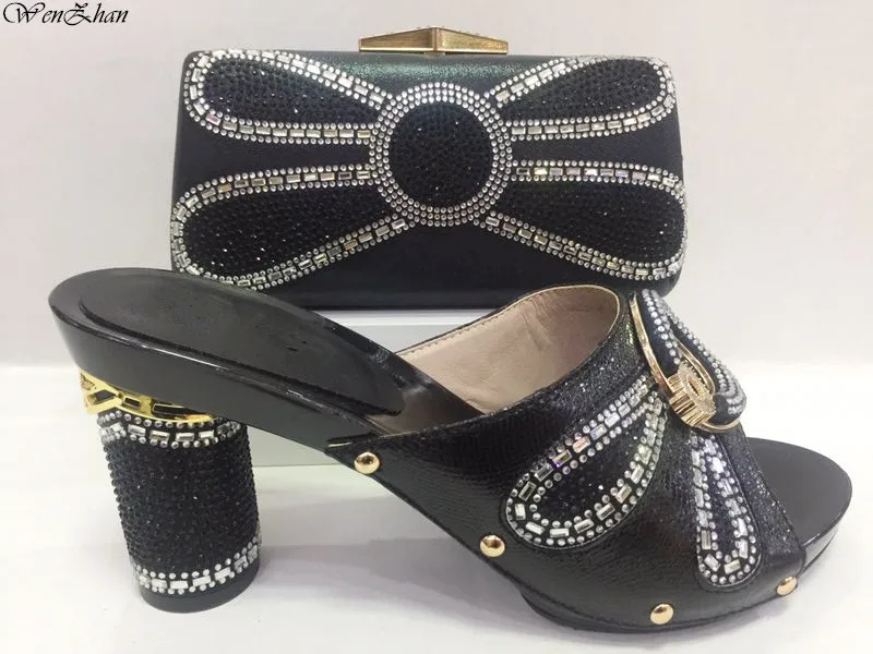 

WENZHAN Hottest African Shoes And Bags Set Newest Italian Rhinestone High Heels Ladies Shoes And Purse For Party Wedding C85-11