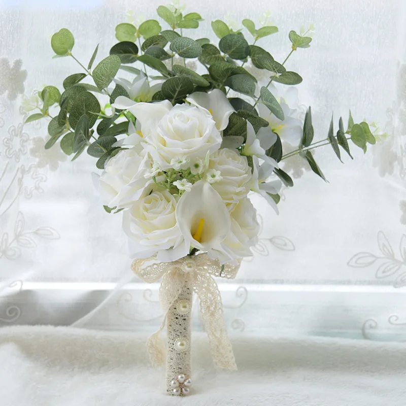 

Artificial White Flower Bouquet Wedding Bouquet De Mariage Handmade Leaves Pearl Flowers Bridesmaid Wedding Bouquet Lace Ribbon
