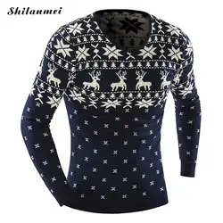 2019 осень зима пуловер для мужчин Рождественский свитер джемпер V образным вырезом олень узор Slim Fit вязаный Рождественский свитер s трикотаж