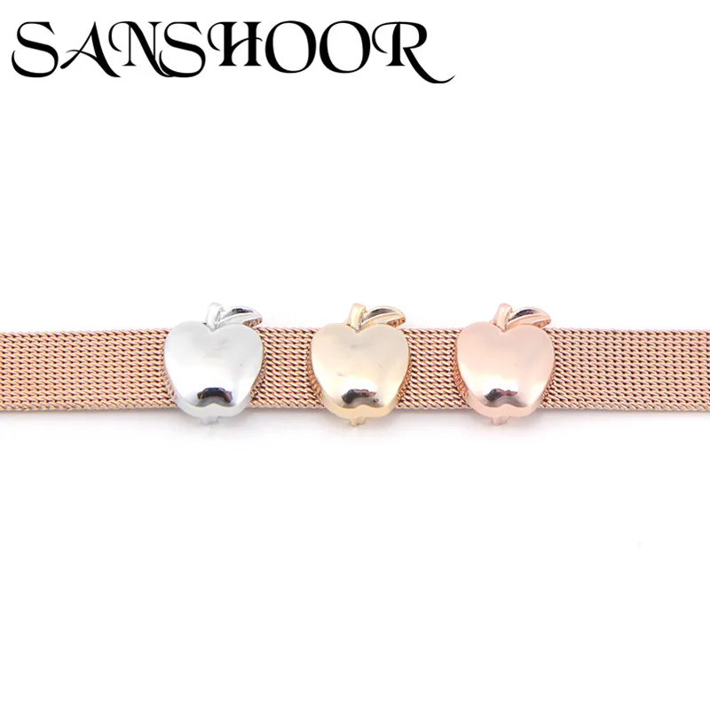 

SANSHOOR Jewelry Sliders Keys Pave Fruits Apple Slide Charms Fit 10mm Stainless Steel Mesh Bracelet for DIY Accessories Making