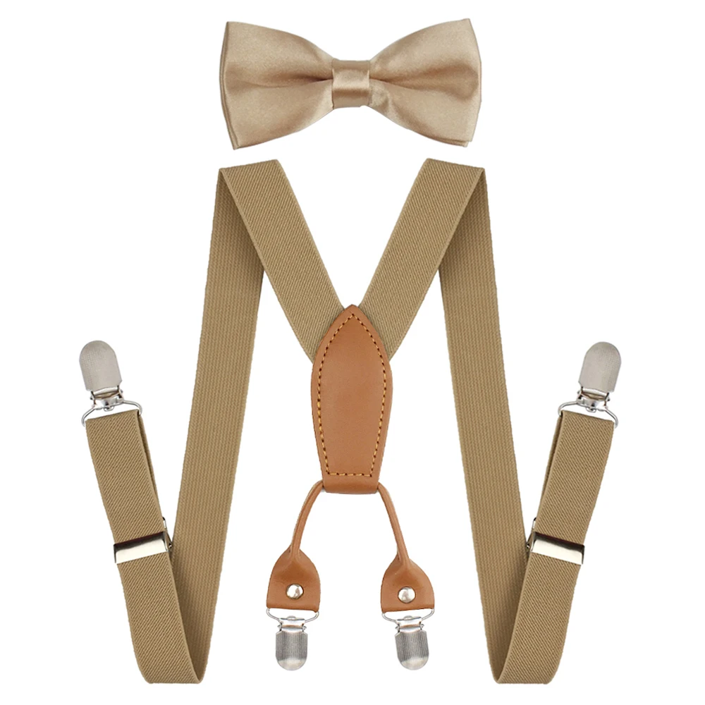 Soild Color Children Belt Bowtie Set Baby Boys Girls Suspenders 4 Clip-on Y-Back Braces Bow Tie Elastic Kids Adjustable