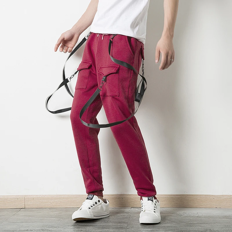 Брюки мужские весна осень популярный логотип сплошной цвет мульти-карман хип-хоп ремень с повседневными штанами спортивные брюки