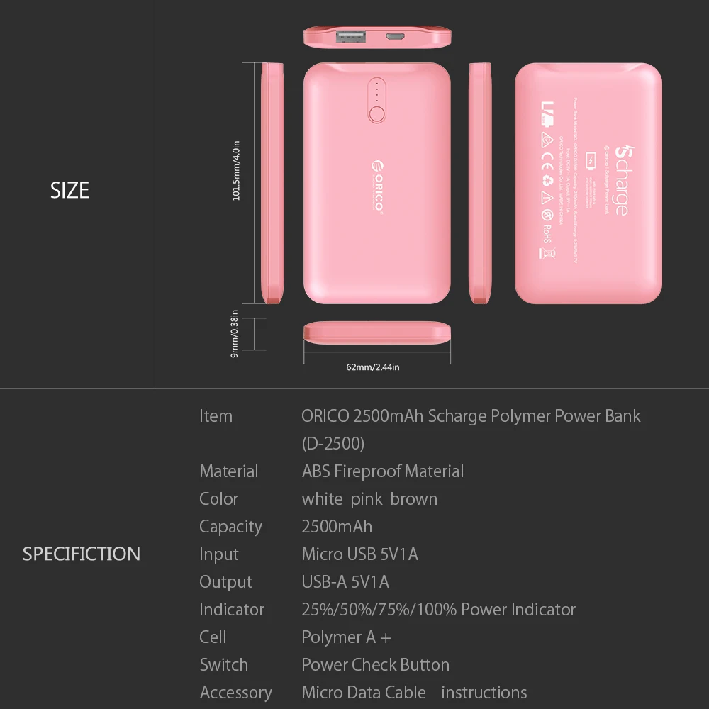 ORICO 2500mAh Power Bank Portable Mobile Phone Charger Powerbank for Smart Phones External Battery Brown / White / Pink