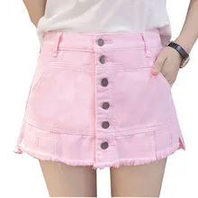 Летняя Корейская трапециевидная Милая Сексуальная юбка для студентов, розовая джинсовая мини-юбка/шорты на пуговицах, джинсовые юбки Woemns