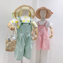 Летние детские штаны унисекс в Корейском стиле, подтяжки в клетку детская одежда Свободные Комбинезоны широкие брюки для маленьких девочек и мальчиков