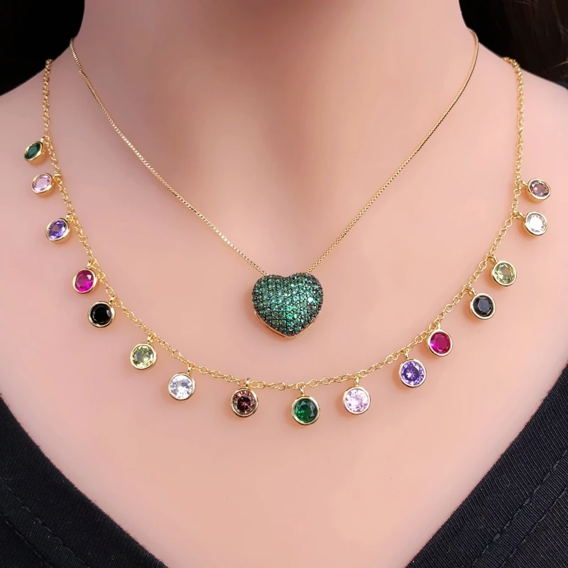 Роскошное красочное круглое ожерелье для женщин, разноцветное кубическое циркониевое Радужное ожерелье-чокер с кисточкой, Золотое ювелирное изделие