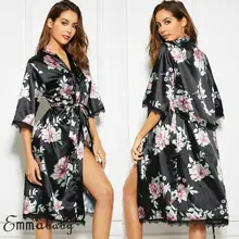 Женский пеньюар шелковые, атласные, с кружевами белье Пижама кимоно, одежда для сна, длинный халат