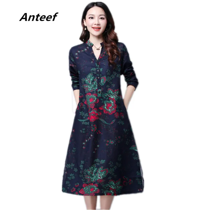 

long sleeve plus size cotton linen vintage floral women casual loose spring autumn dress elegant vestidos clothes 2019 dresses