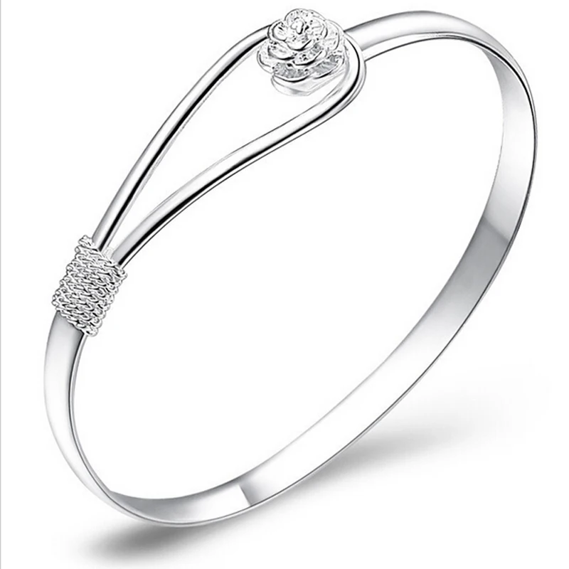 

New Jewelry Silver Plated Simple Circle Bangles Indian Jewelry Flower Rose Cuff BangleBracelets High Quality