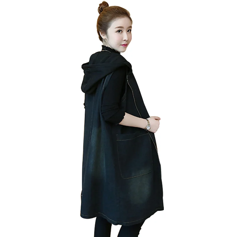 

New Loose Knit Hooded Waistcoat For Women Spring Fall 2019 Coat Female Large Size Jeans Vests Overcoat Zipper Sleeveless Jacket