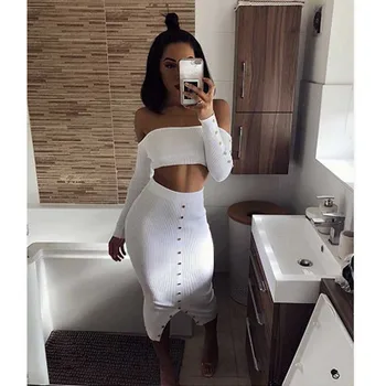 

wholesale New Ladies suits Grey and white long sleeve top& skirt Fashion sexy Cocktail party two Piece Set Dress (L2755)