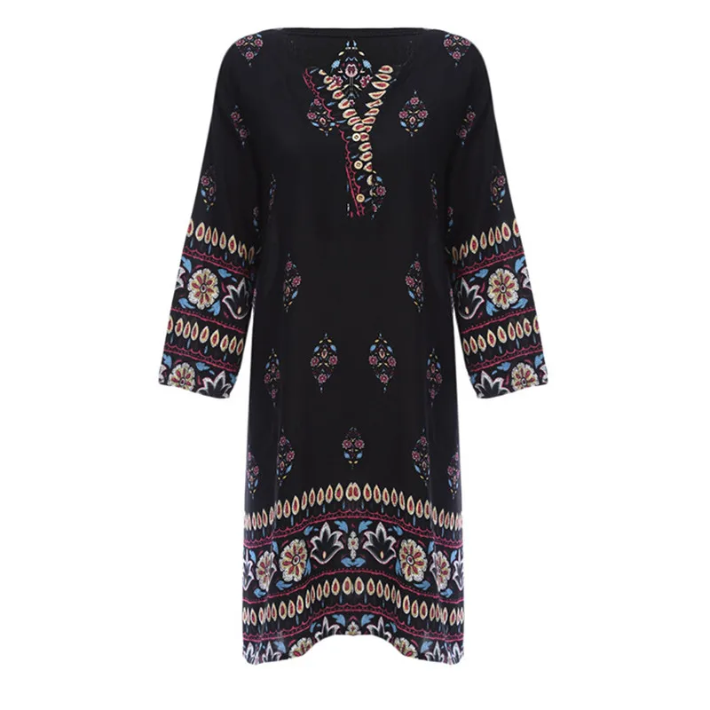 2018 Summer Flowers Print Women Retro Streetwear Loose Plus Size Dresses Boho V Neck Casual Mini Dress Vestidos Beach Sundress Dresses