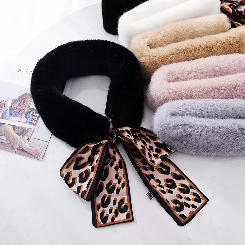 Fashion Korea Faux Rabbit Fur Scarf Leopard Chiffon Silk Ribbon Fur
