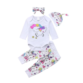 

Cute Newborn Infant Baby Girl Unicorn Cartoon Tops Long Sleeve Romper Long Pants Hat Headband 4Pcs Outfits Clothes Set