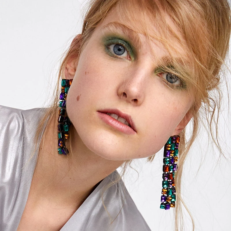 

AOTEMAN 2019 New Arrival Crystal Dangle earrings featuring multicoloured square rhinestones Tassels Fringed Earrings ZA Jewelry