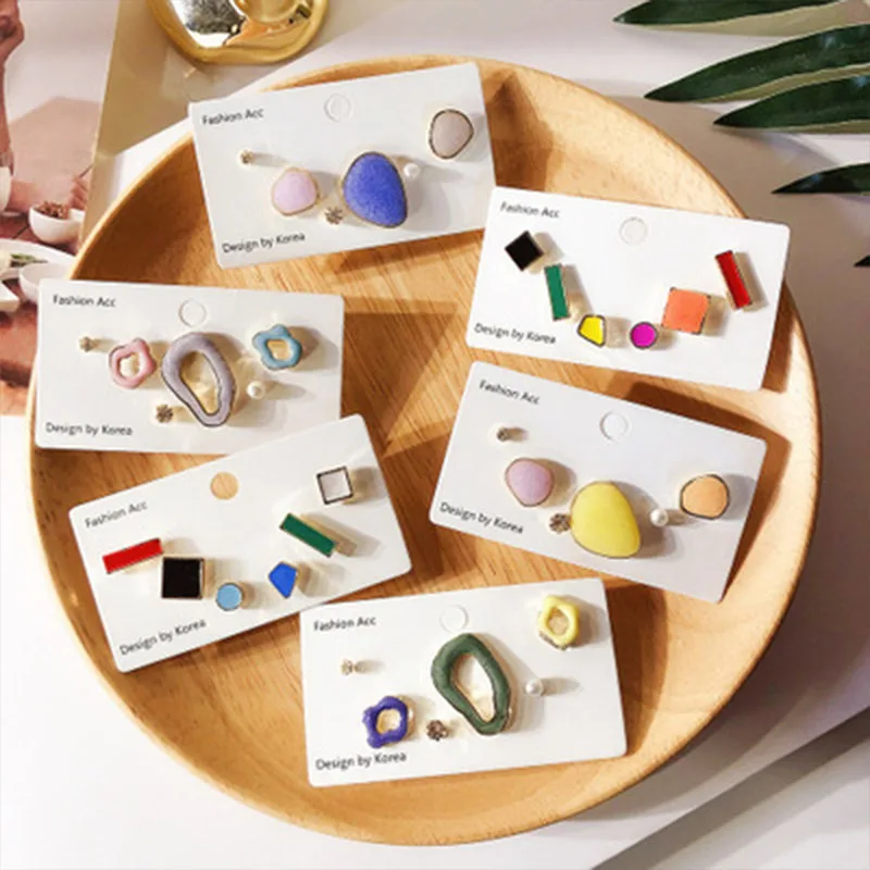 

2019 Korea New Geometric Irregualr Colorful Enamel Small Stud Earrings Sets For Women Delicate Oorbellen Cute Gifts