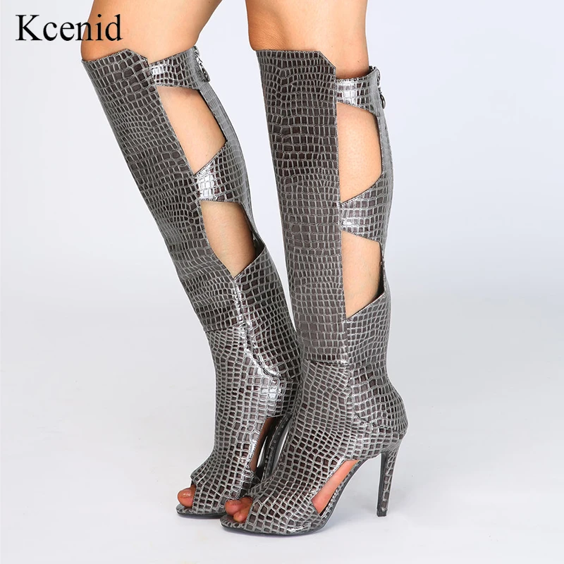 Mujer Botas La Altas Las Toe Negro Recortes Más Mujeres Peep Zapatos Kcenid Alto Rodilla Sexy Larga Tacón De Moda Hasta 2019 Pu Serpiente Primavera CxwqWRA60