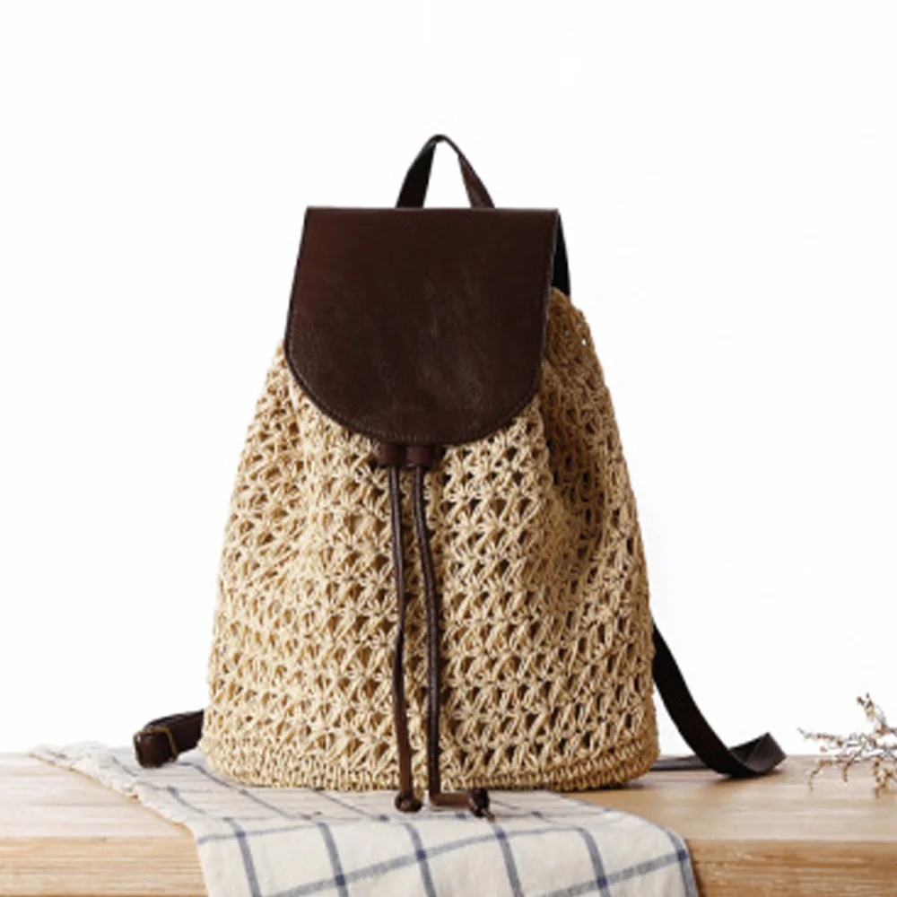 Summer Women's Backpack Crochet Paper Rope Woven Straw Bag With Drawstring Fashion Straw Backpack Summer Popular Woven Backpack