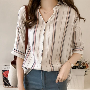 

GUMPRUN Women Plus Size Stripe Shirt blouses 2019 Loose Slim Summer Casual Blouse womens Short Sleeve V Neck Shirt